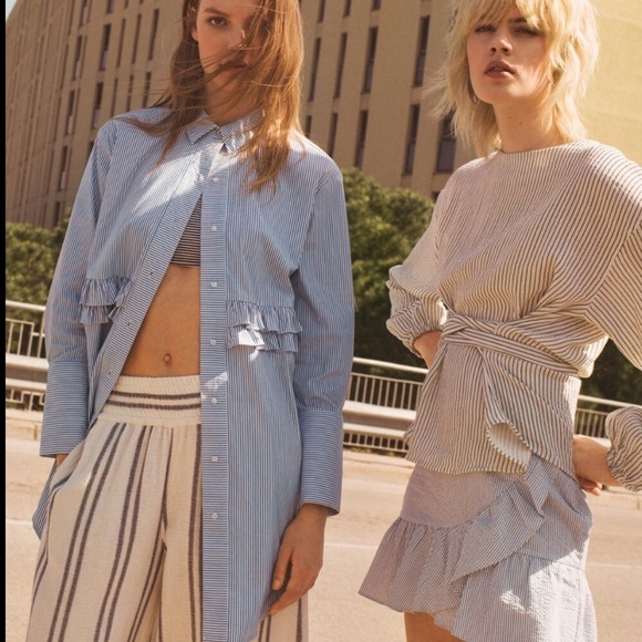 Mango | Ruffled Poplin Shirt Dress Blue Stripe 4 - Picture 2 of 9